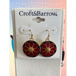 Croft & Barrow Gold/Black/Red Floral Earrings-NWOT